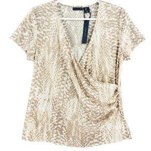 Tahari Women's Pullover Snake Print Wrapped Brown Cream Blouse Size Large NWT